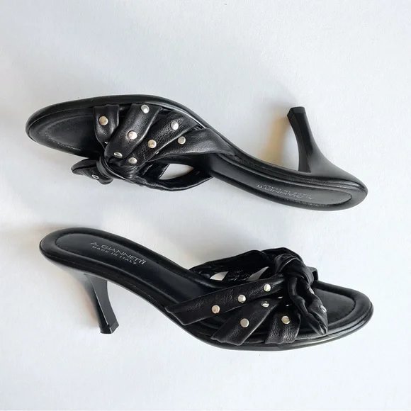 A. Giannetti Studded Black Leather Sandal Heels - Picture 6 of 7